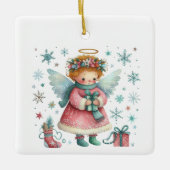 Whimsical Schattige Roze en Blauwe Kerst Engel Keramisch Ornament (Voorkant)
