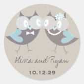 Whimsical Schattigee bruiloft bruin blauw uilen pa Ronde Sticker (Voorkant)
