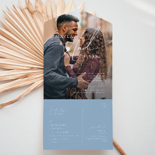 Whimsical Script   Blauw Casual fotozegel en verze All In One Uitnodiging