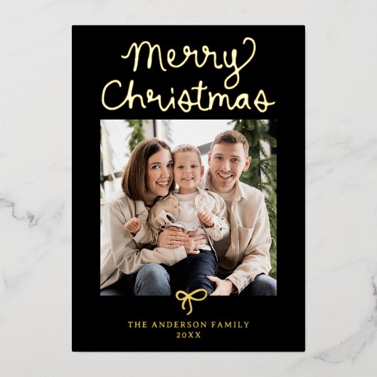 Whimsical Script Bow Black Christmas 2 Photo Folie Feestdagenkaart (Voorkant)