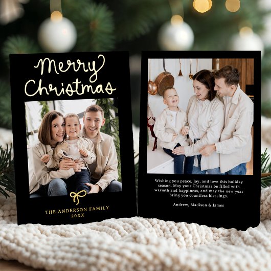 Whimsical Script Bow Black Christmas 2 Photo Folie Feestdagenkaart