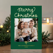Whimsical Script Bow Green Christmas 2 Photo Folie Feestdagenkaart