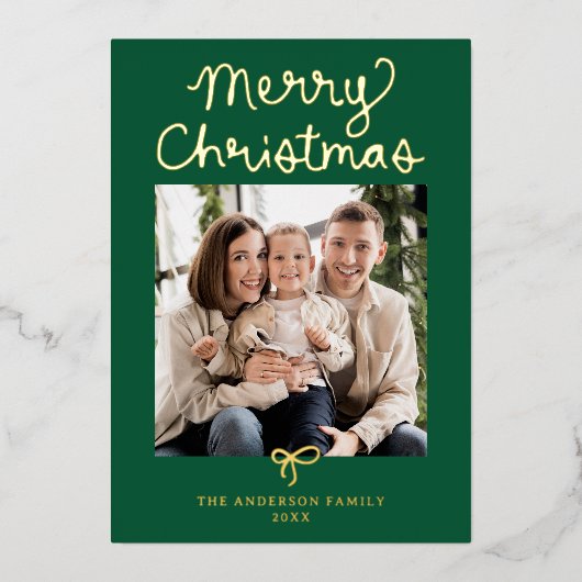 Whimsical Script Bow Green Christmas 2 Photo Folie Feestdagenkaart (Voorkant)