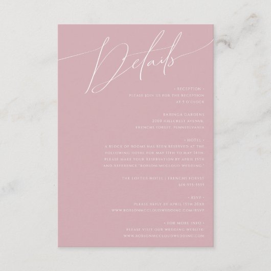 Whimsical Script | Details van het Roos Informatiekaartje (Voorkant)