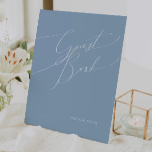 Whimsical Script Dusty Blue Guest Book Reclamebord Met Voetstuk