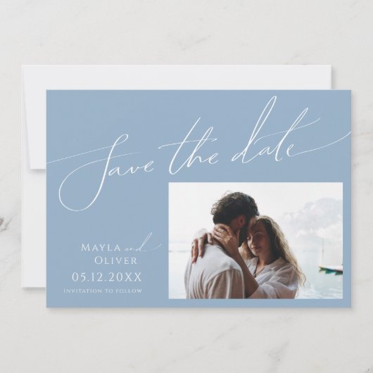 Whimsical Script | Dusty Blue Horizontal Foto Save The Date (Voorkant)
