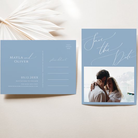Whimsical Script | Dusty Blue Photo Save the Date Uitnodiging Briefkaart