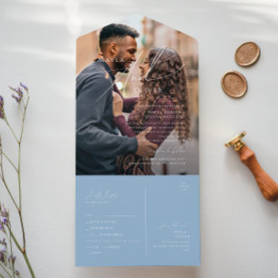Whimsical Script Dusty Blue Photo Seal and Send All In One Uitnodiging