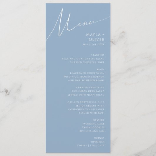 Whimsical Script | Dusty Blue Wedding Dinner Menu (Voorkant)