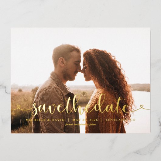 Whimsical Script Foto Huwelijk Save the Date Folie Uitnodiging Briefkaart (Voorkant)