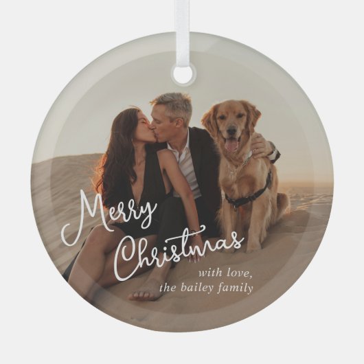 Whimsical Script Foto Moderne Kerstmis Glas Ornament (Voorkant)