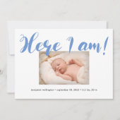 Whimsical-script hier ben ik Blue Boy Birth Aankondiging (Voorkant)
