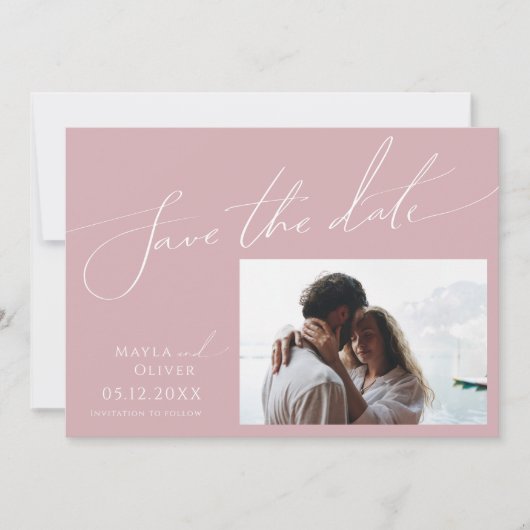 Whimsical Script | Horizontaal Roos in puin Save The Date (Voorkant)