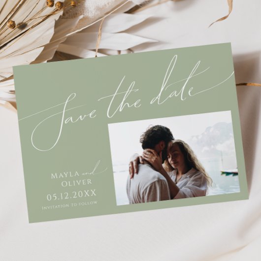 Whimsical Script | Horizontale foto Sage Green Save The Date