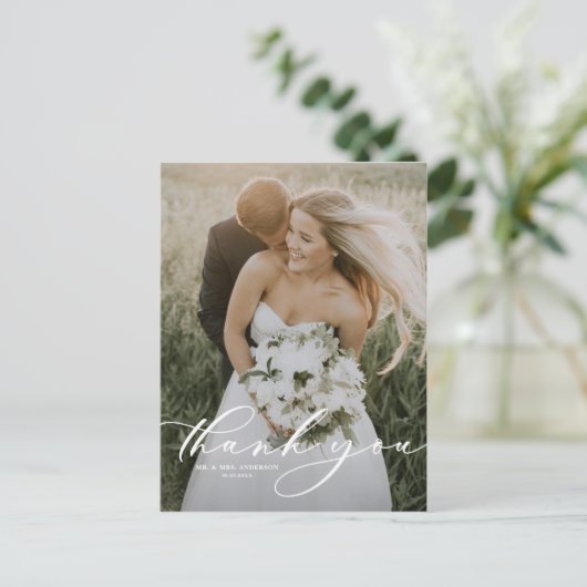Whimsical Script Overlay Photo Weddenschap Bedankt Briefkaart (Staand voorkant)