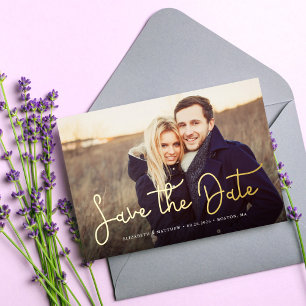 Whimsical Script Photo Wedding Save the Date Folie Uitnodiging