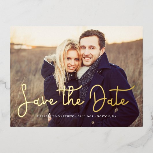 Whimsical Script Photo Wedding Save the Date Folie Uitnodiging Briefkaart (Voorkant)
