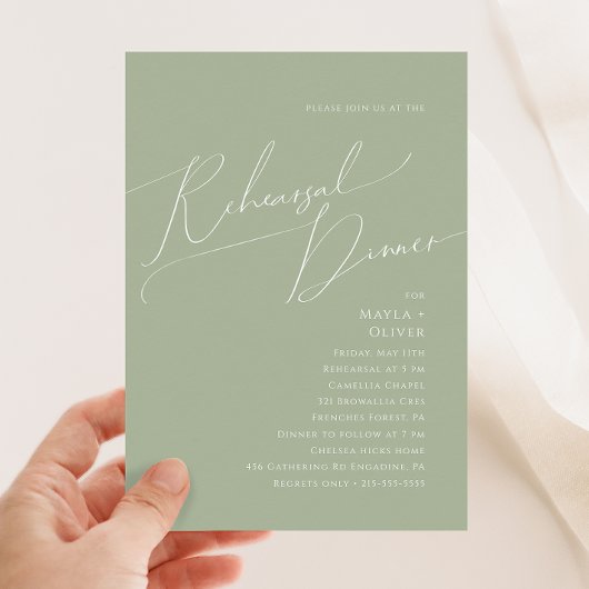 Whimsical Script | Sage Green Rehearings Dinner Kaart