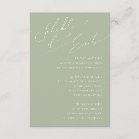 Whimsical Script | Sage Green Schedule of Events Informatiekaartje (Voorkant)
