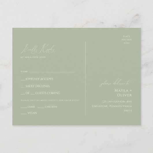 Whimsical Script | Sage Menu Choice RSVP Briefkaar (Achterkant)