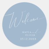 Whimsical Script | Welkom Dusty Blue Wedding Ronde Sticker (Voorkant)