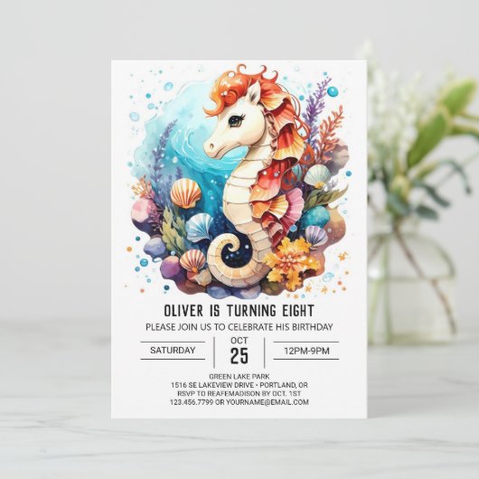 Whimsical Seahorse Splash Verjaardag Kaart (Staand voorkant)
