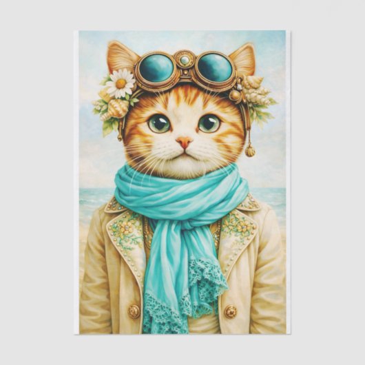  Whimsical Seaside Steampunk Cat FE8 Decoupage Tissuepapier (Voorkant)