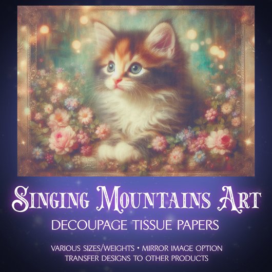 Whimsical Shabby Chic Floral Calico Cat Decoupage Tissuepapier