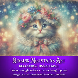 Whimsical Shabby Chic Winter Cat Decoupage Tissuepapier