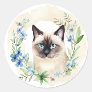 Whimsical Siamese Kat & Botanicals Ronde Sticker