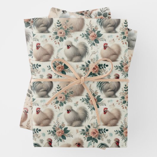 Whimsical Silkie Chicken Set van 3 Plat Inpakpapier Vel (In situ)