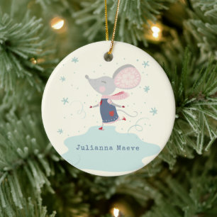 Whimsical Skater Mouse Holiday Name Custom Keramisch Ornament