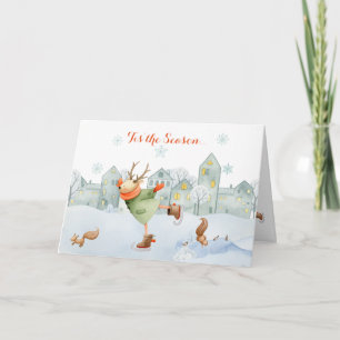 Whimsical Skater Reindeer Squirrels Winter Scene Feestdagen Kaart