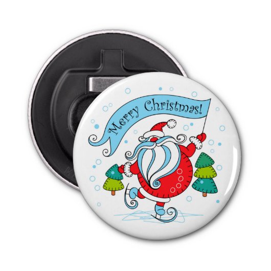 Whimsical Skating Santa Claus | Vrolijk kerstfeest Button Flesopener (Voorkant)