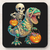 Whimsical Skeleton Riding Mummy T-Rex Halloween Bier Onderzetter (Voorkant)