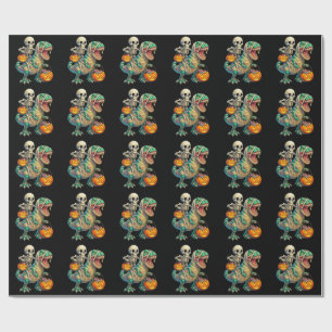 Whimsical Skeleton Riding Mummy T-Rex Halloween Cadeaupapier