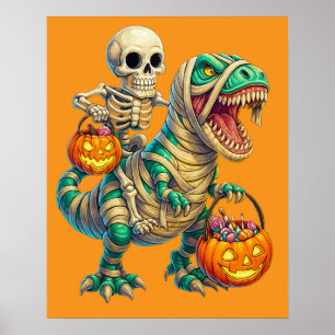 Whimsical Skeleton Riding Mummy T-Rex Halloween Poster