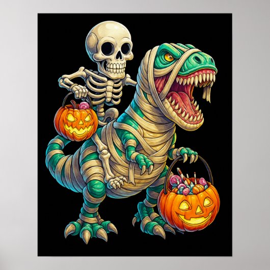 Whimsical Skeleton Riding Mummy T-Rex Halloween Poster (Voorkant)
