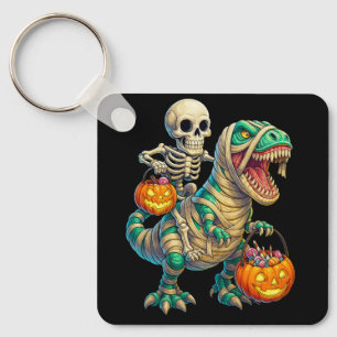 Whimsical Skeleton Riding Mummy T-Rex Halloween Sleutelhanger