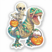 Whimsical Skeleton Riding Mummy T-Rex Halloween Sticker (Voorkant)