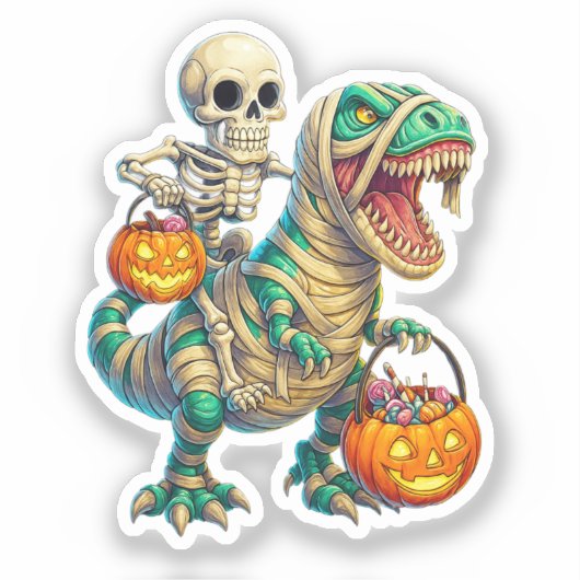 Whimsical Skeleton Riding Mummy T-Rex Halloween Sticker (Voorkant)