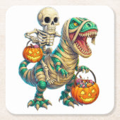Whimsical Skeleton Riding Mummy T-Rex Halloween Vierkante Kartonnen Onderzetter (Voorkant)