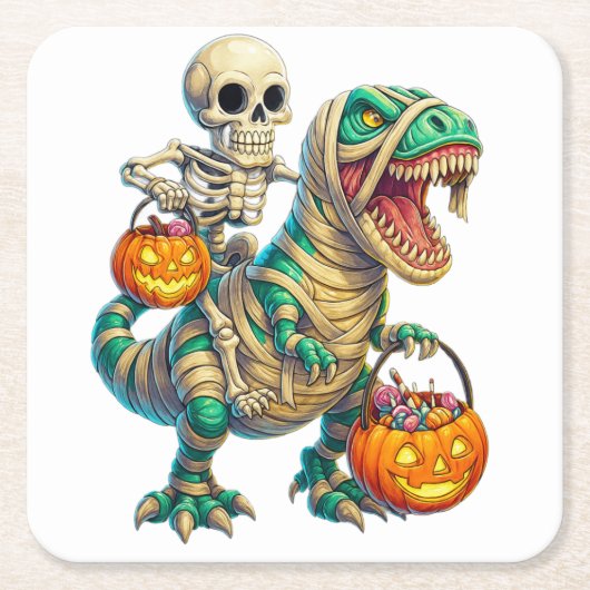 Whimsical Skeleton Riding Mummy T-Rex Halloween Vierkante Kartonnen Onderzetter (Voorkant)