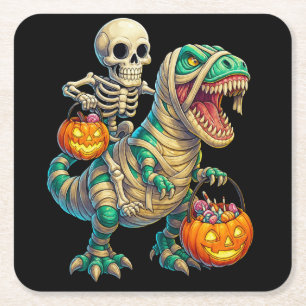 Whimsical Skeleton Riding Mummy T-Rex Halloween Vierkante Kartonnen Onderzetter
