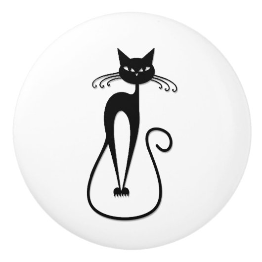 Whimsical Skinny Black Cat Keramische Knop (Voorkant)