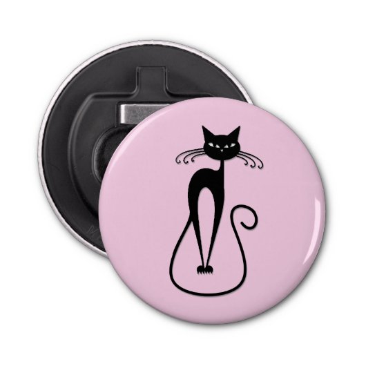 Whimsical Skinny Black Cat Roze Button Flesopener (Voorkant)