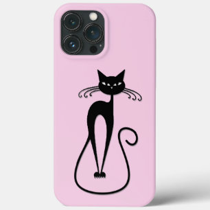 Whimsical Skinny Black Cat Roze iPhone 13 Pro Max Hoesje