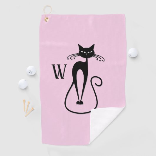 Whimsical Skinny Black Cat Roze Initiaal Golfhanddoek (Insitu)