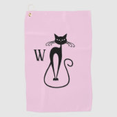 Whimsical Skinny Black Cat Roze Initiaal Golfhanddoek (Voorkant)
