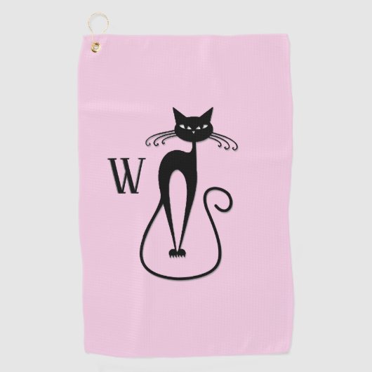Whimsical Skinny Black Cat Roze Initiaal Golfhanddoek (Voorkant)
